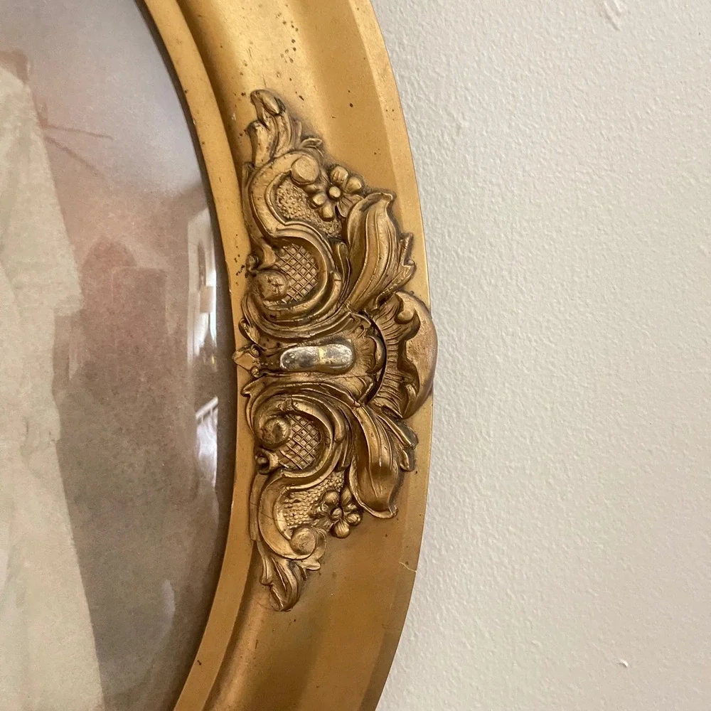 Antique Oval Frame Bubble Domed Convex Glass Picture Art 19x25 Victorian gold